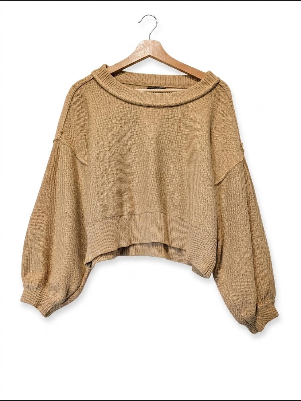 Papermoon Cropped Balloon-Sleeve Crewneck Sweater - Tan